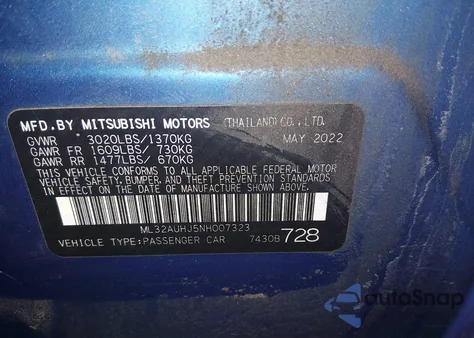 2022 Mitsubishi Mirage Le z USA, uszkodzony, nr VIN ML32AUHJ5NH007323